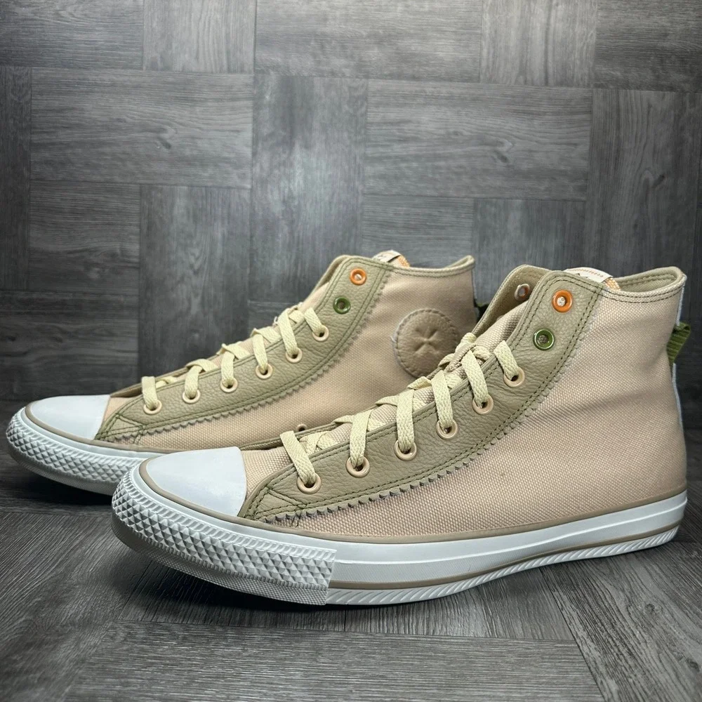 Converse High Top Sneakers Mens 13 Tan Olive Leather Canvas Chucks Diner NEW - Picture 5 of 9